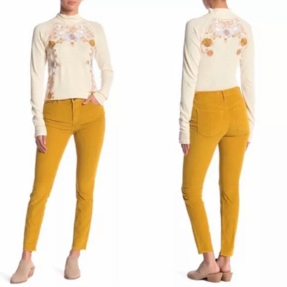 Free People Women's High Rise Skinny Corduroy Pants Raw Hem Yellow Marsh 28